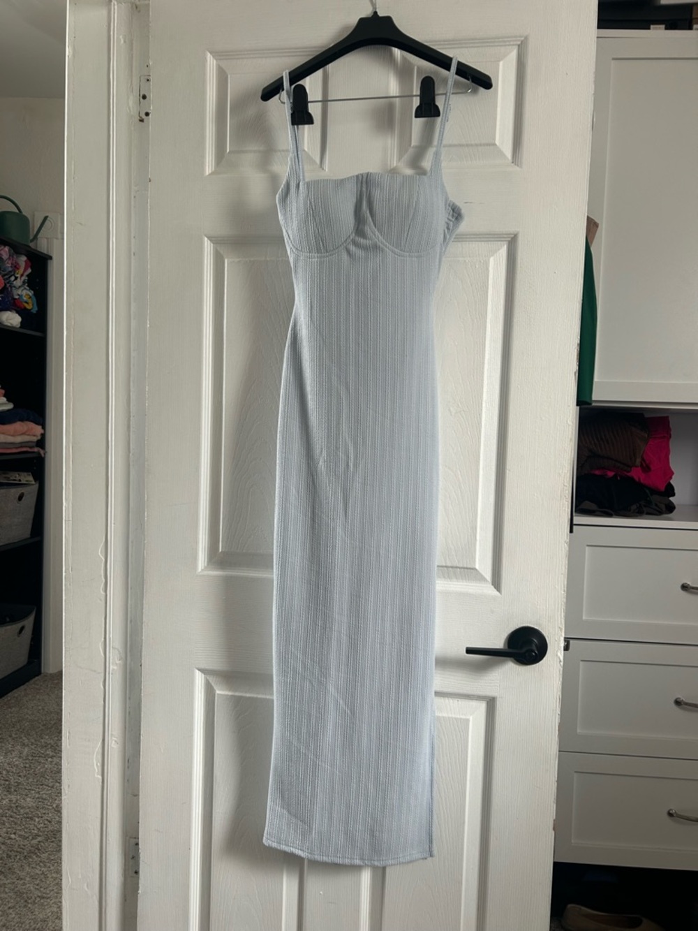 Light Blue Ribbed Midi Dress with Built-In Bust - Women